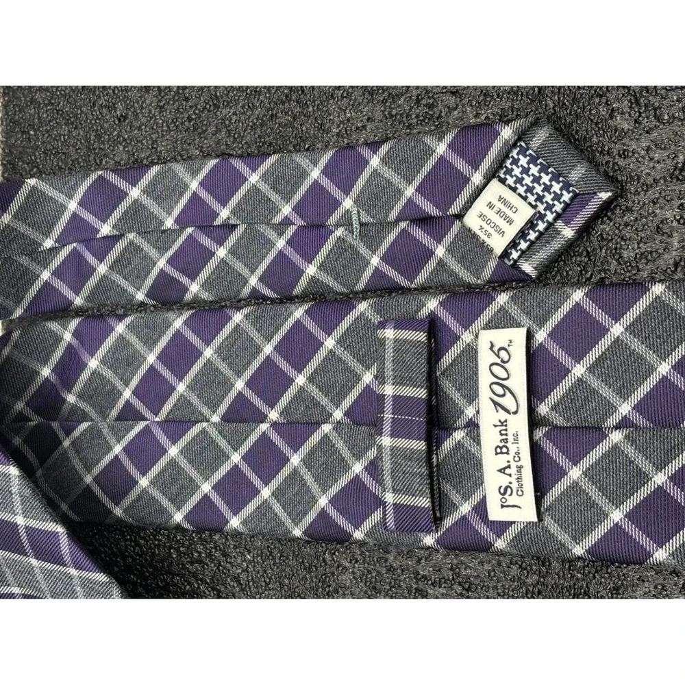 JOS A Bank‎ 1905 Mens Purple Gray Plaid Silk Blend Necktie